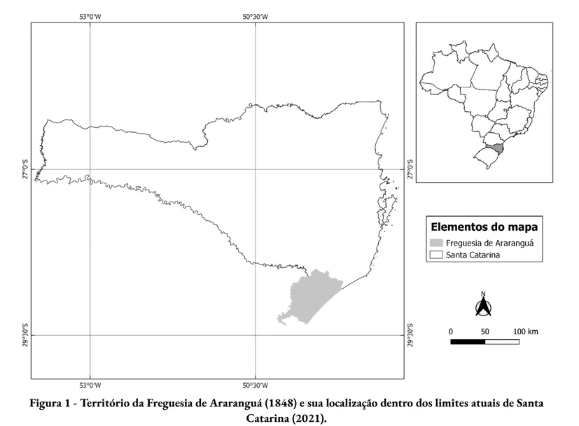 Figura 1 - Território da Freguesia de Araranguá (1848) e sua localização dentro dos limites atuais de Santa Catarina (2021).